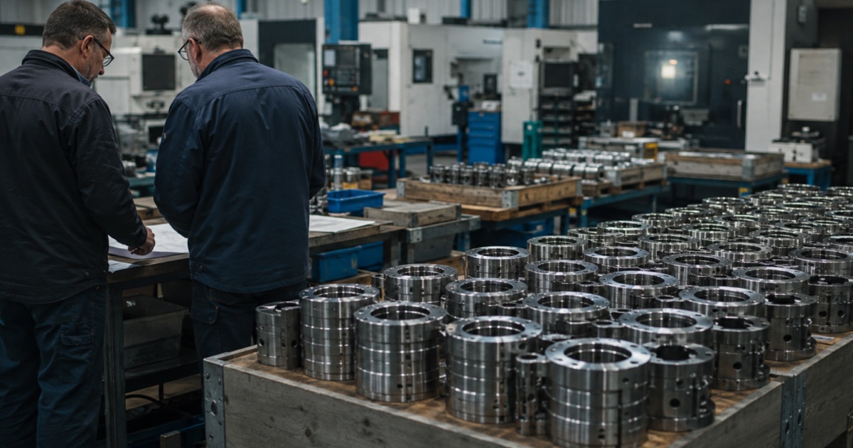 Two manufacturing leaders reviewing production plans beside a dominant batch of precision-machined components in a UK factory.