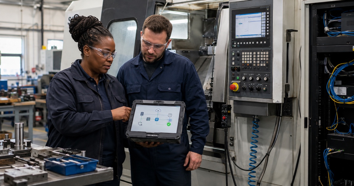Two manufacturing professionals reviewing a network connection diagram beside a connected CNC machining centre.