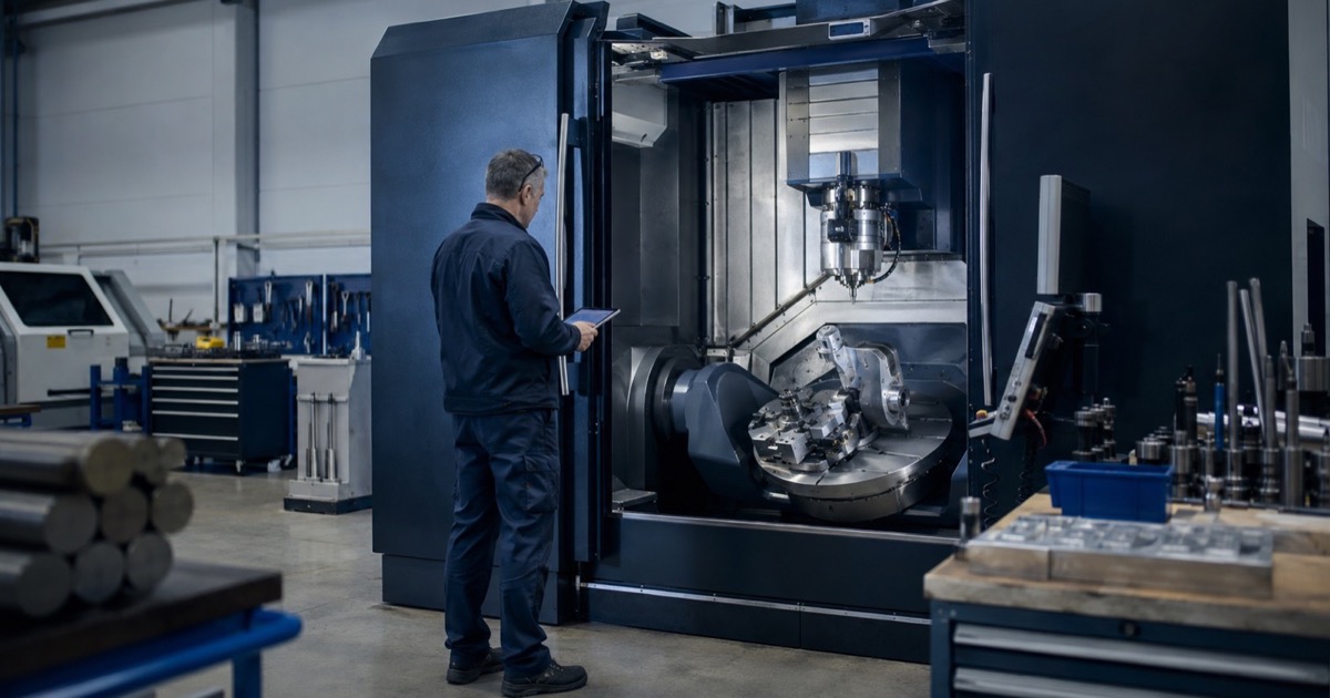 Maintenance engineer inspecting an open five-axis CNC machining centre in a precision-engineering workshop.