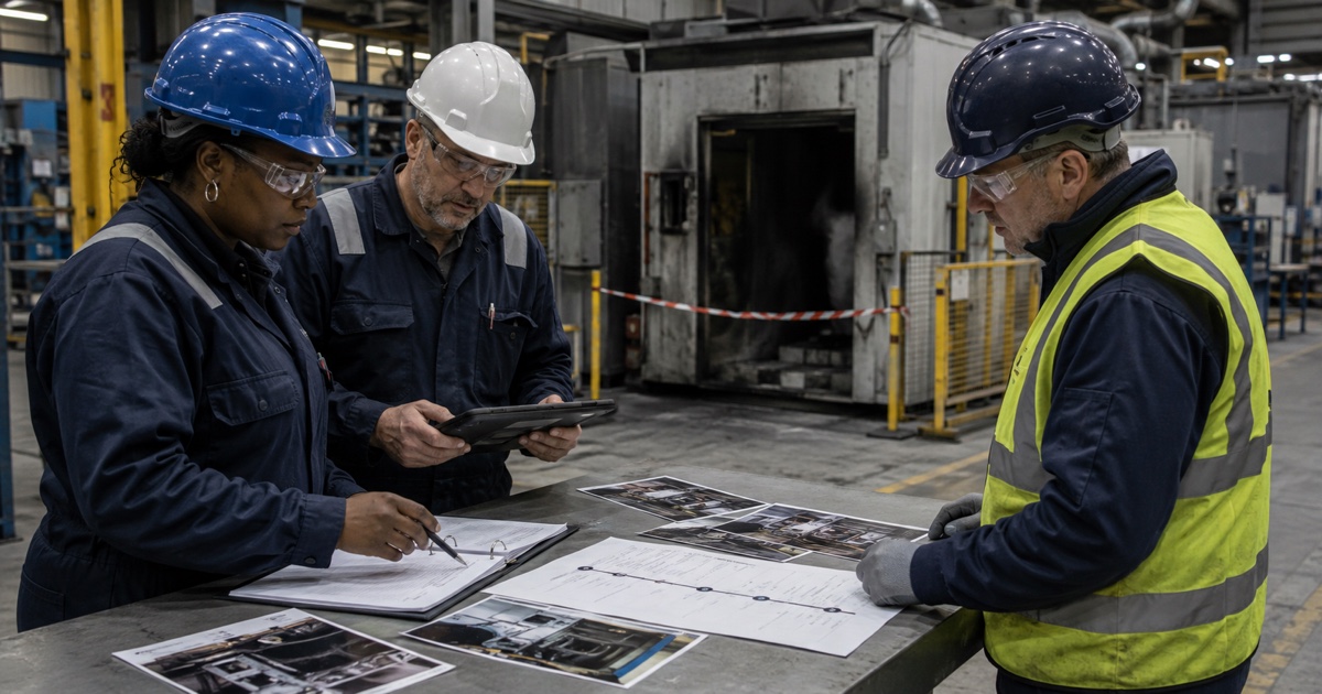 Three professionals reviewing maintenance records, incident photographs and a recovery timeline beside an isolated manufacturing process after an incident.