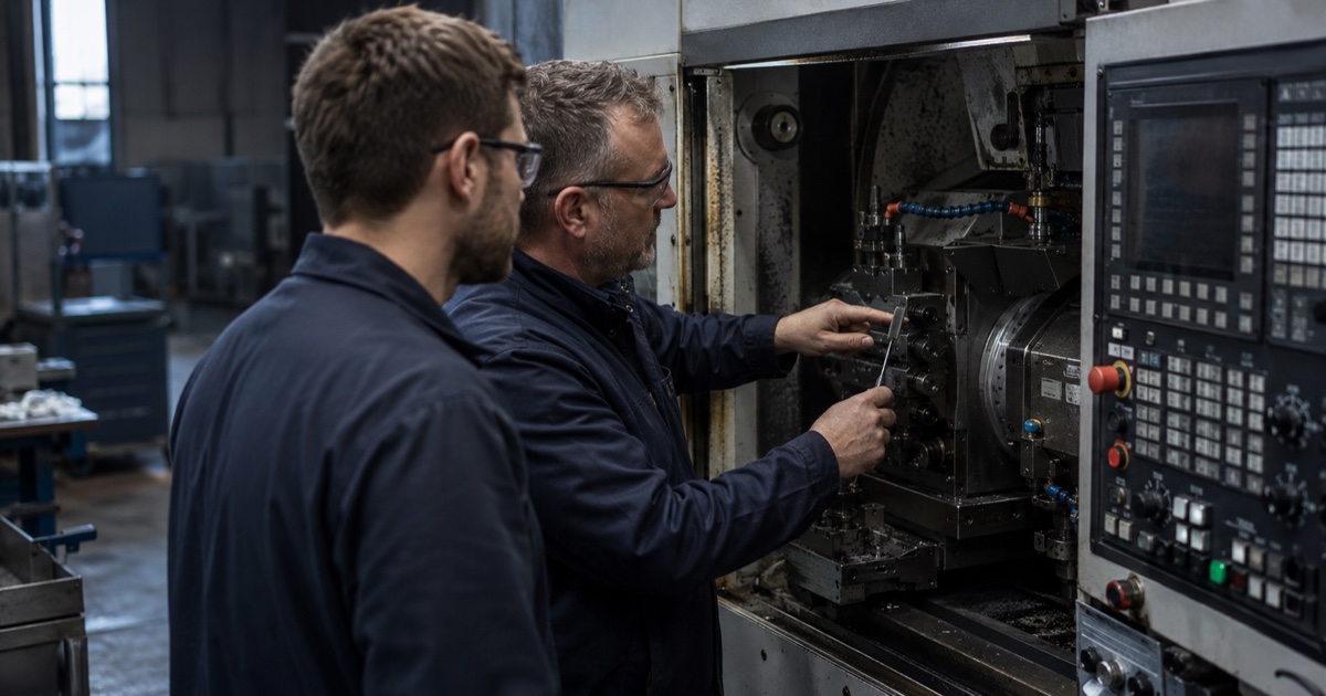 An experienced precision-engineering specialist transferring machine-setting knowledge to a colleague on a UK factory floor.