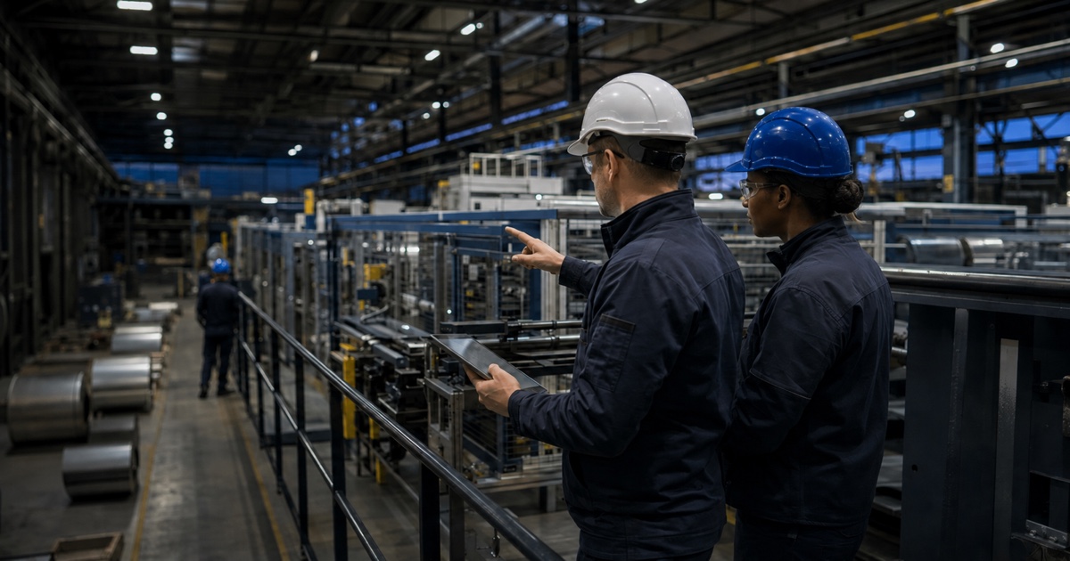 Two manufacturing leaders, including a Black woman in a blue hard hat, reviewing a changed operating arrangement beside an automated production line during an evening shift.